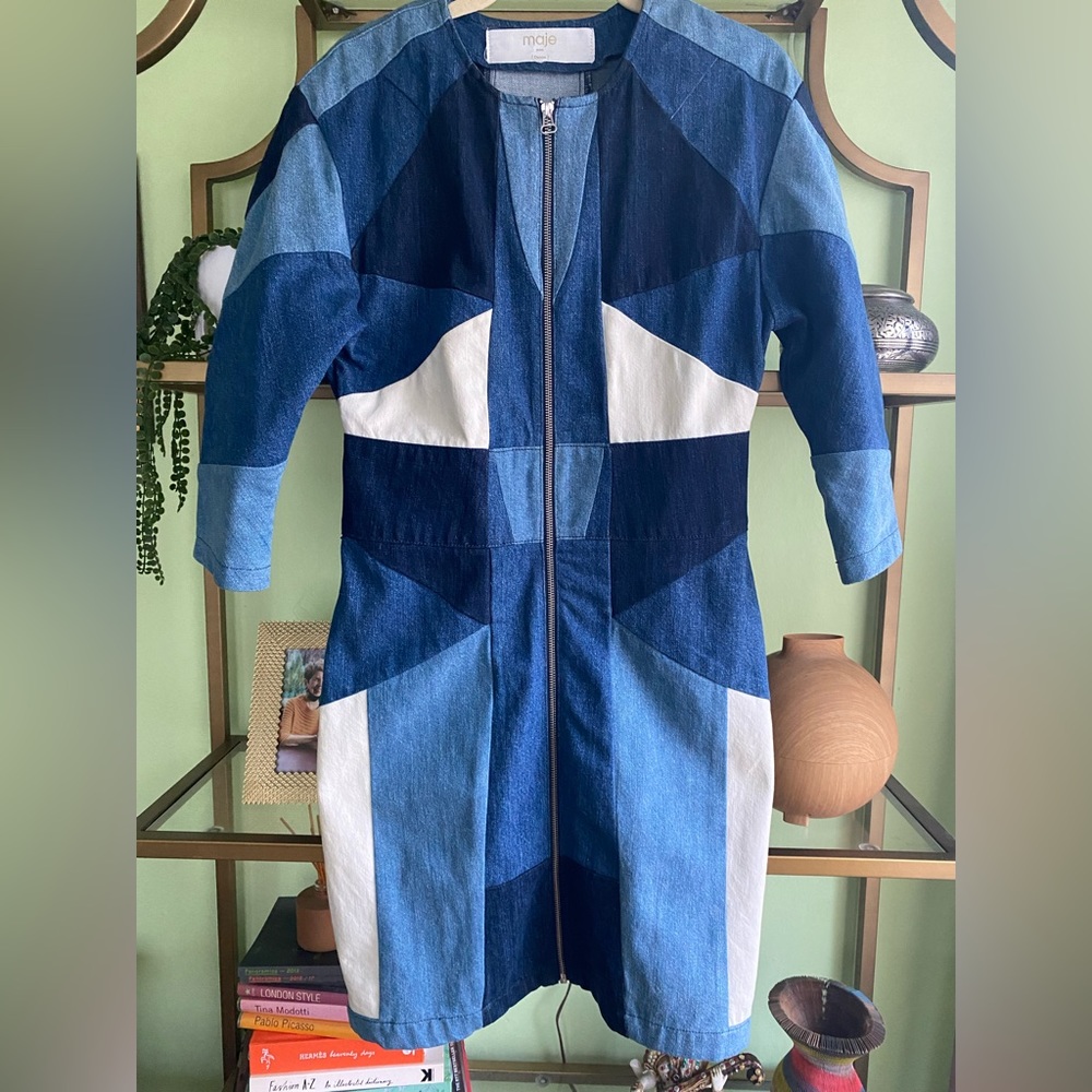 Maje dress in denim patchwork with front zip and 3/4 sleeves. Great fall dress!